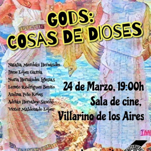 cartel de la obra de teatro GODS: cosas de dioses, presentada por Stormfilm Teatro el 24 de marzo 2018. También se añade el elenco de actores.